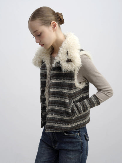 DKZ OFFICIAL Reversible Fair Isle Knit Patchwork Faux Fur Women&