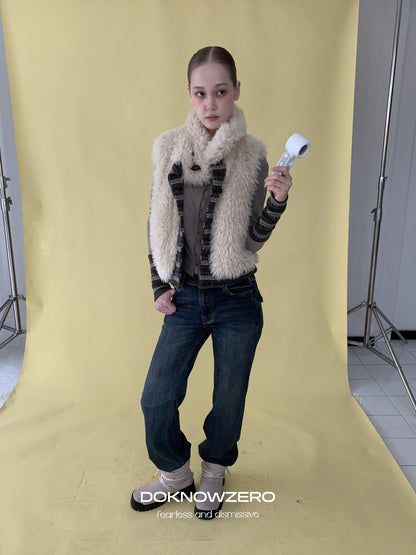 DKZ OFFICIAL Reversible Fair Isle Knit Patchwork Faux Fur Women&