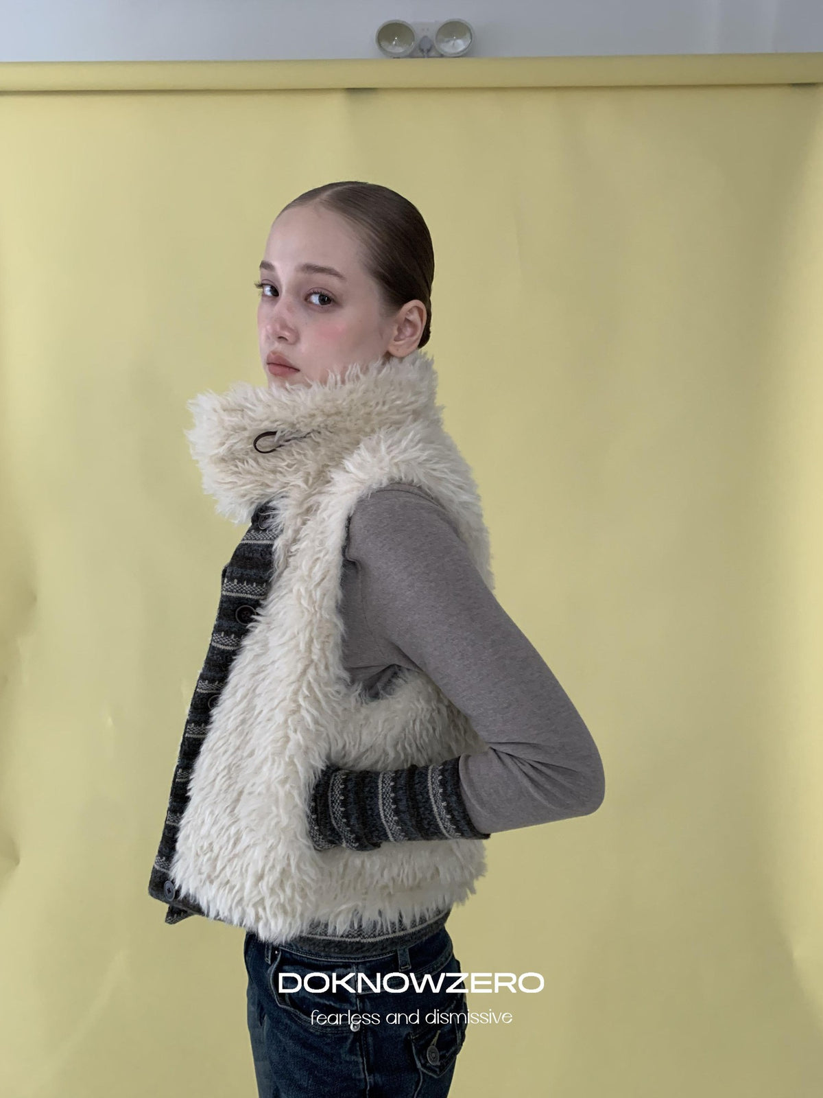 DKZ OFFICIAL Reversible Fair Isle Knit Patchwork Faux Fur Women&