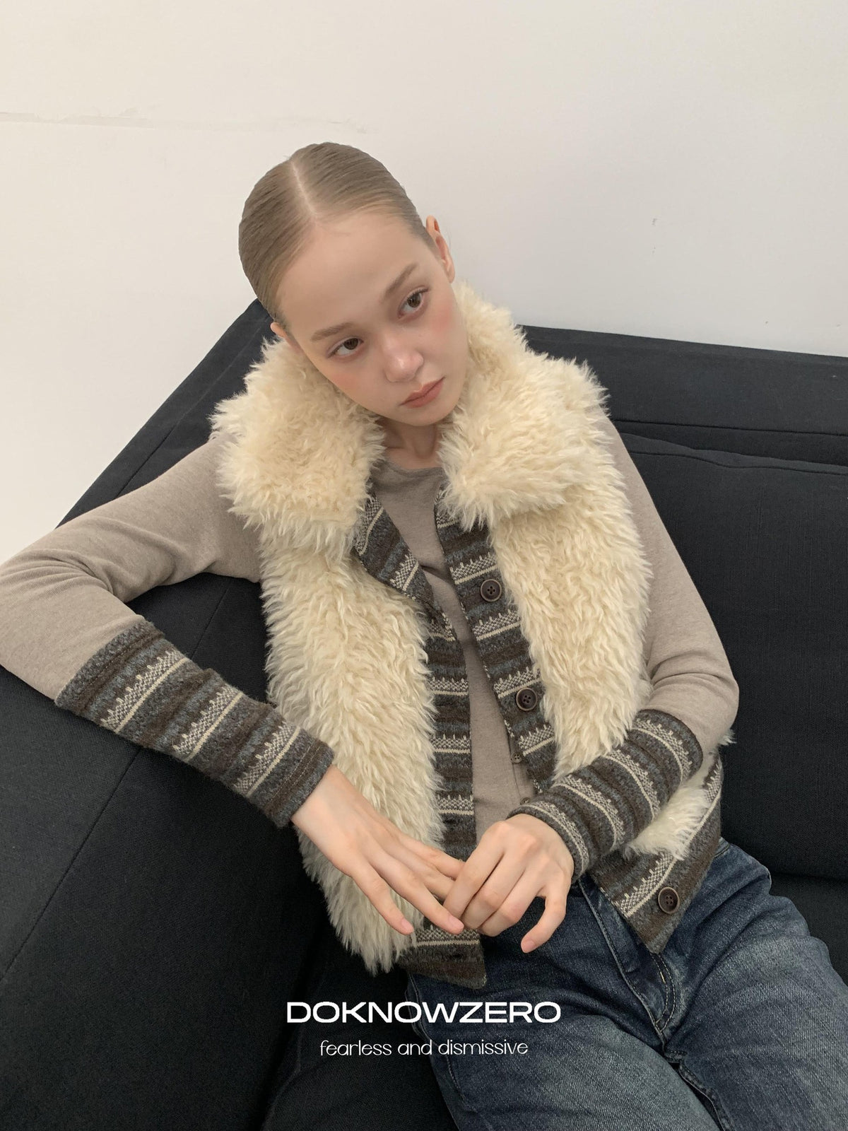 DKZ OFFICIAL Reversible Fair Isle Knit Patchwork Faux Fur Women&