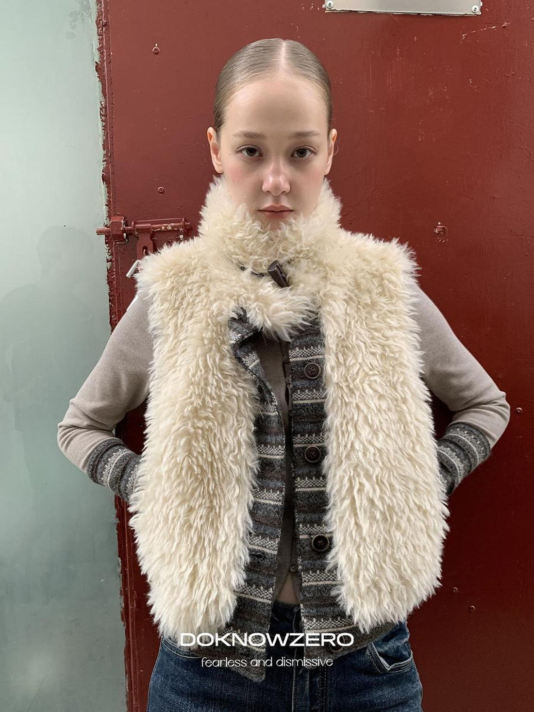 DKZ OFFICIAL Reversible Fair Isle Knit Patchwork Faux Fur Women&