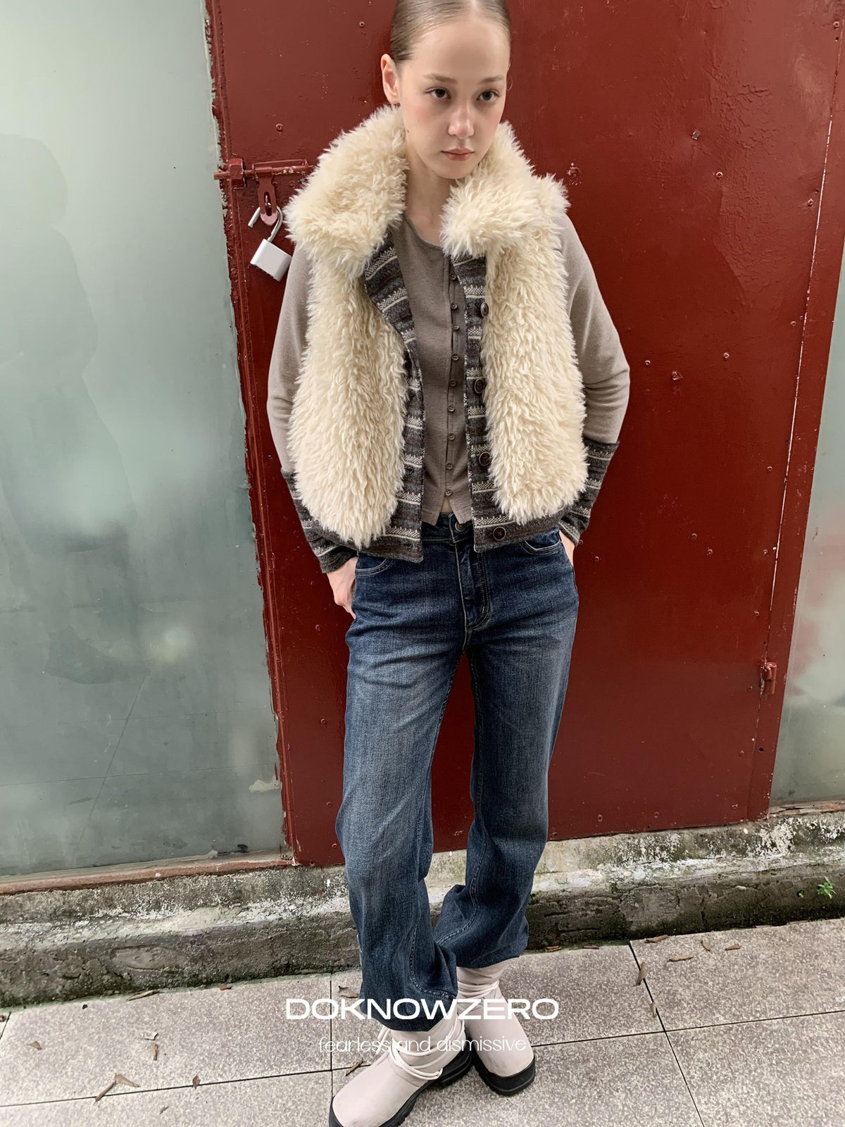 DKZ OFFICIAL Reversible Fair Isle Knit Patchwork Faux Fur Women&