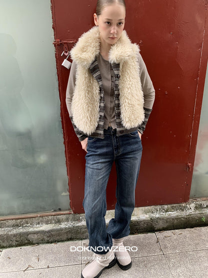 DKZ OFFICIAL Reversible Fair Isle Knit Patchwork Faux Fur Women&