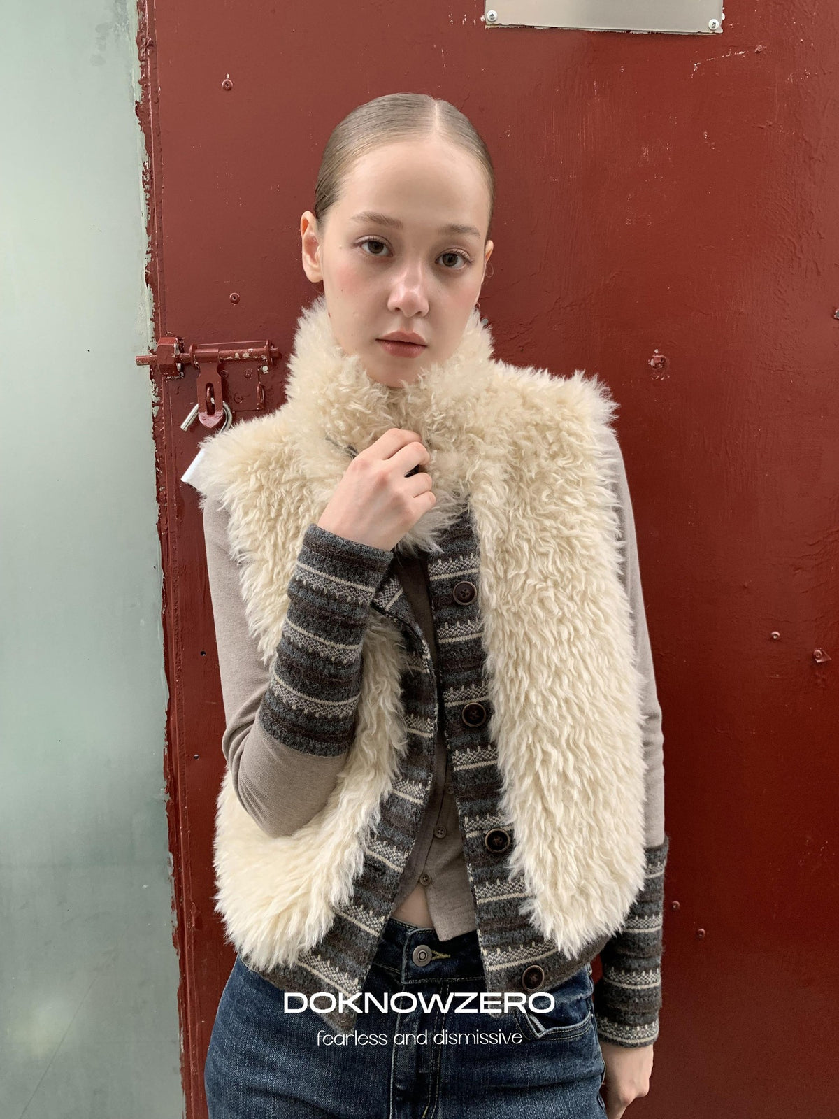 DKZ OFFICIAL Reversible Fair Isle Knit Patchwork Faux Fur Women&
