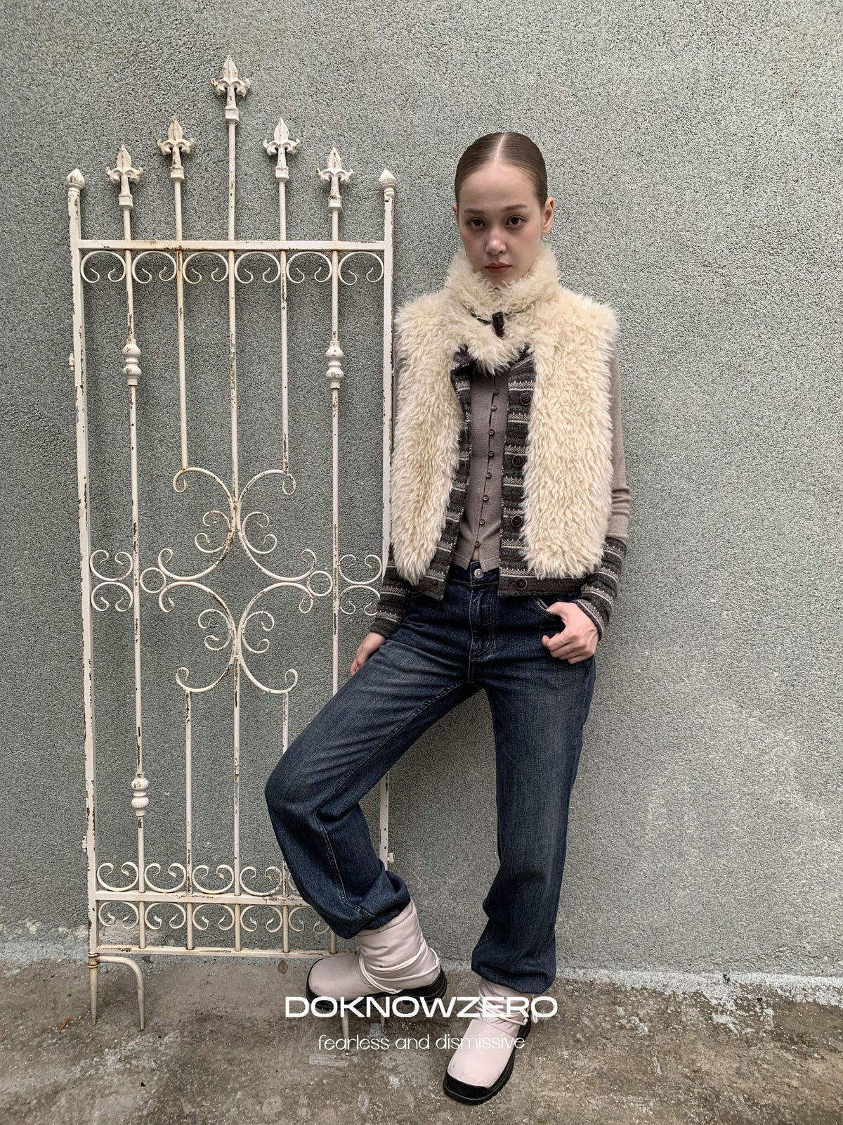 DKZ OFFICIAL Reversible Fair Isle Knit Patchwork Faux Fur Women&