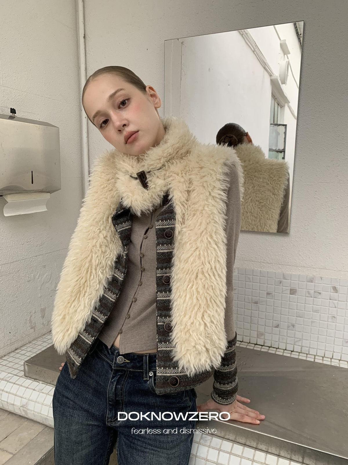 DKZ OFFICIAL Reversible Fair Isle Knit Patchwork Faux Fur Women&