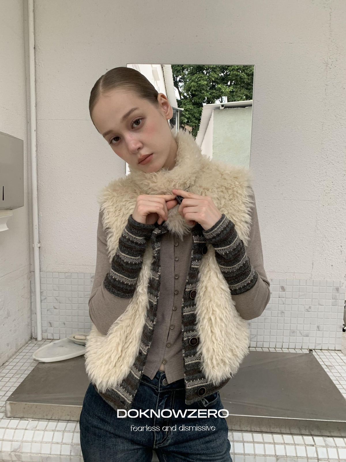DKZ OFFICIAL Reversible Fair Isle Knit Patchwork Faux Fur Women&