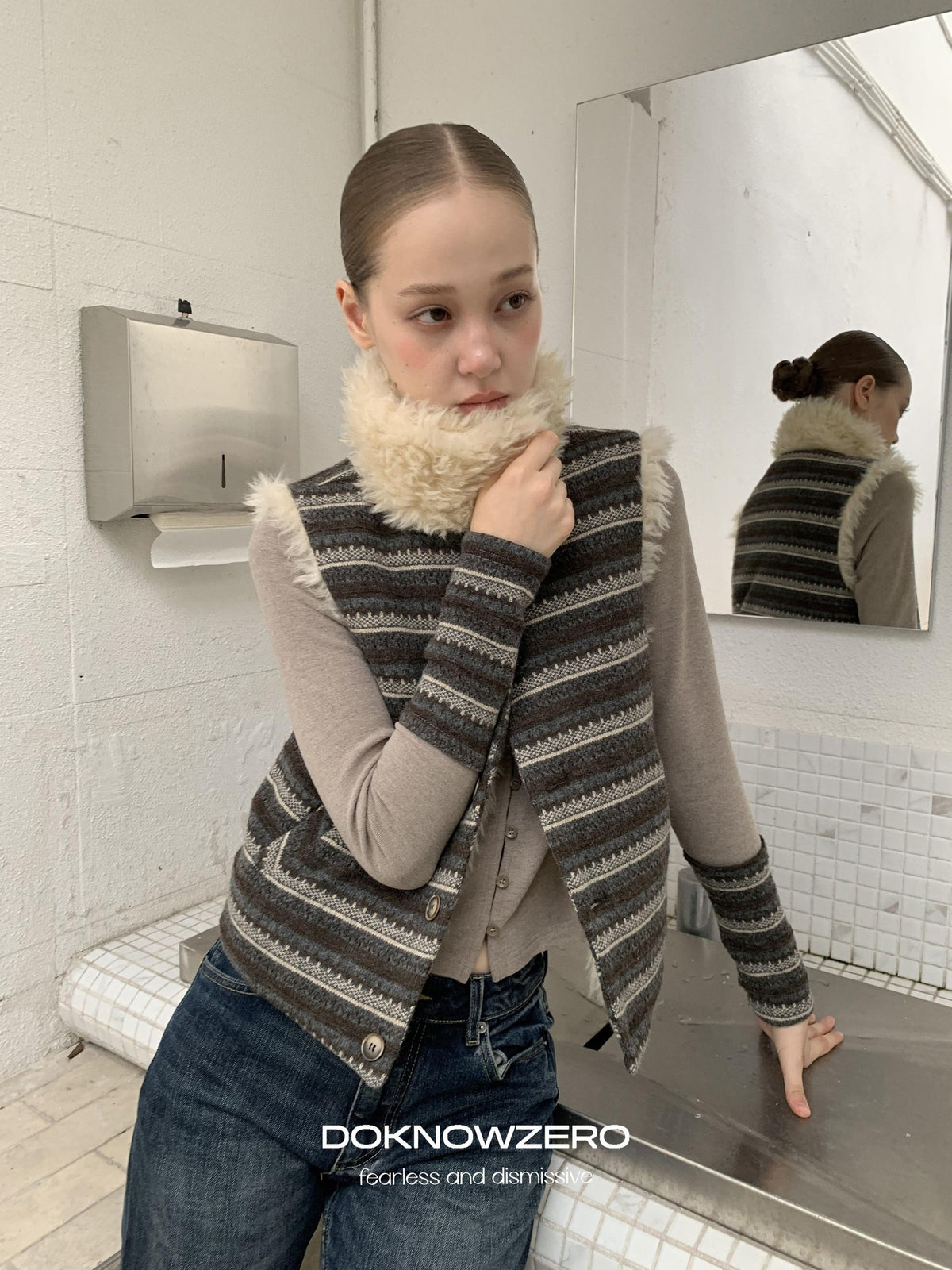 DKZ OFFICIAL Reversible Fair Isle Knit Patchwork Faux Fur Women&
