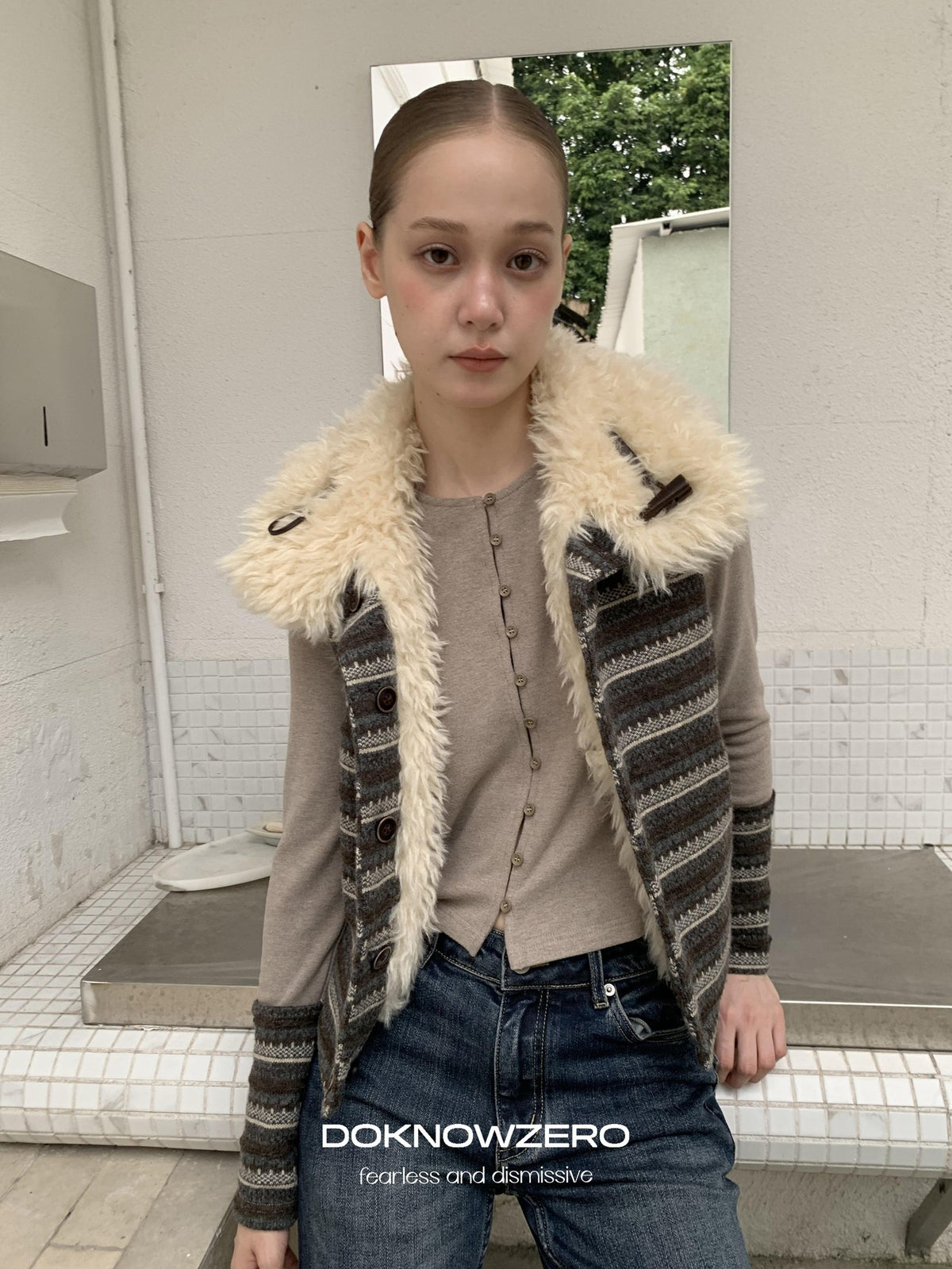 DKZ OFFICIAL Reversible Fair Isle Knit Patchwork Faux Fur Women&