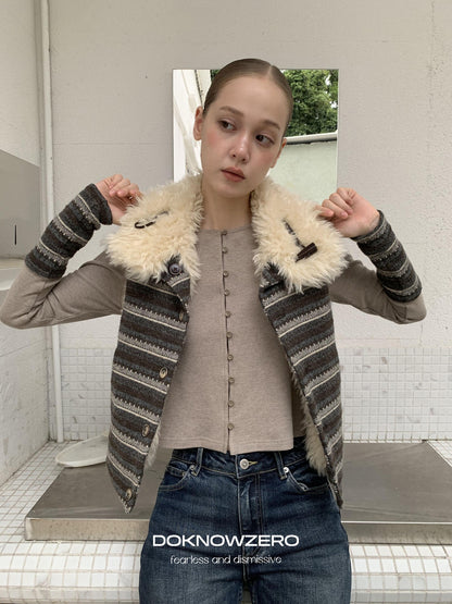 DKZ OFFICIAL Reversible Fair Isle Knit Patchwork Faux Fur Women&