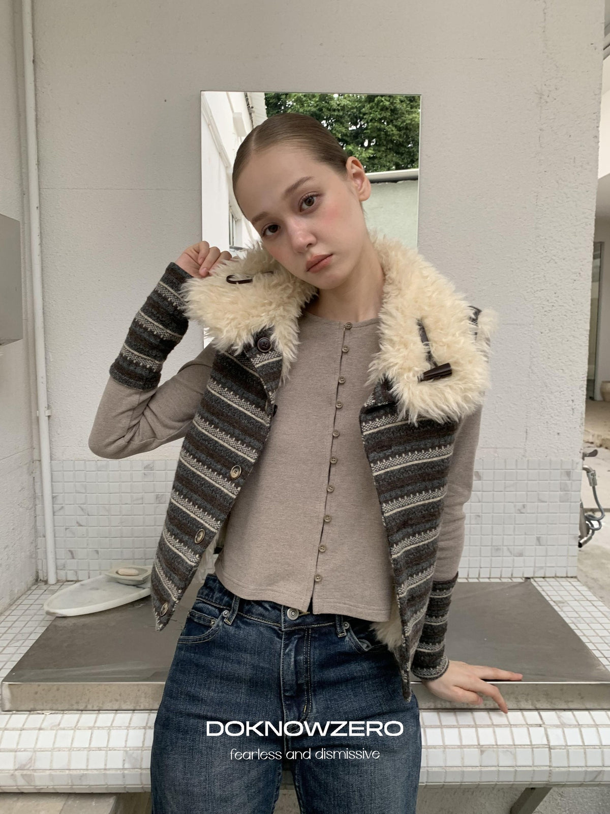 DKZ OFFICIAL Reversible Fair Isle Knit Patchwork Faux Fur Women&