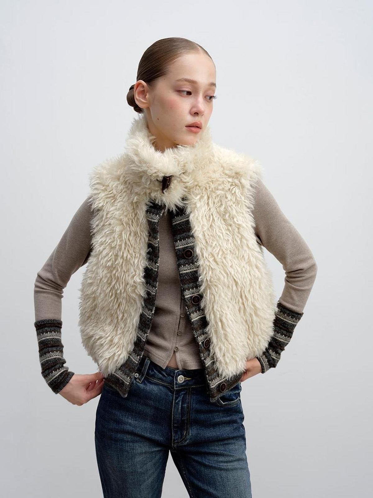 DKZ OFFICIAL Reversible Fair Isle Knit Patchwork Faux Fur Women&
