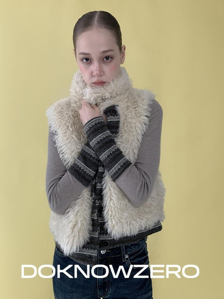 DKZ OFFICIAL Reversible Fair Isle Knit Patchwork Faux Fur Women&
