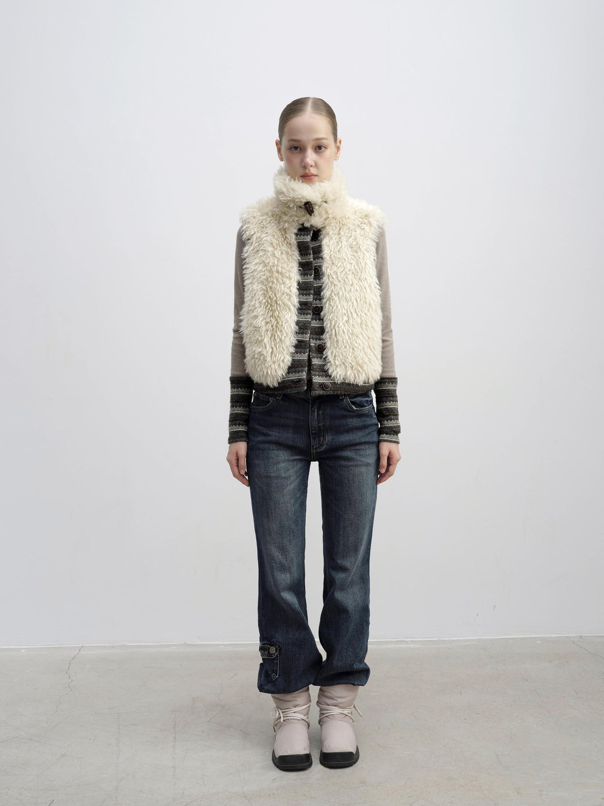 DKZ OFFICIAL Reversible Fair Isle Knit Patchwork Faux Fur Women&