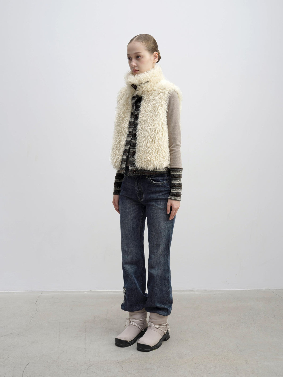 DKZ OFFICIAL Reversible Fair Isle Knit Patchwork Faux Fur Women&