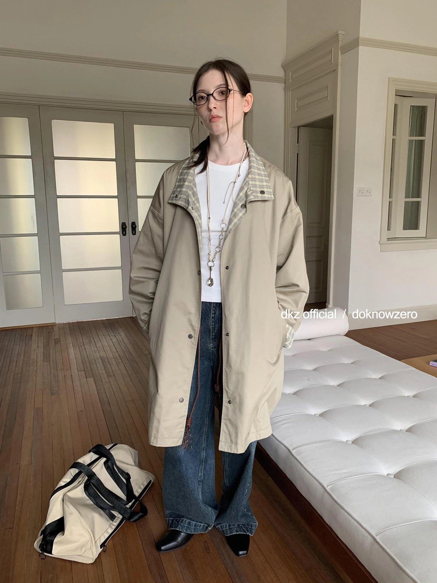 DKZ OFFICIAL Reversible Plaid Trench Coat For Women