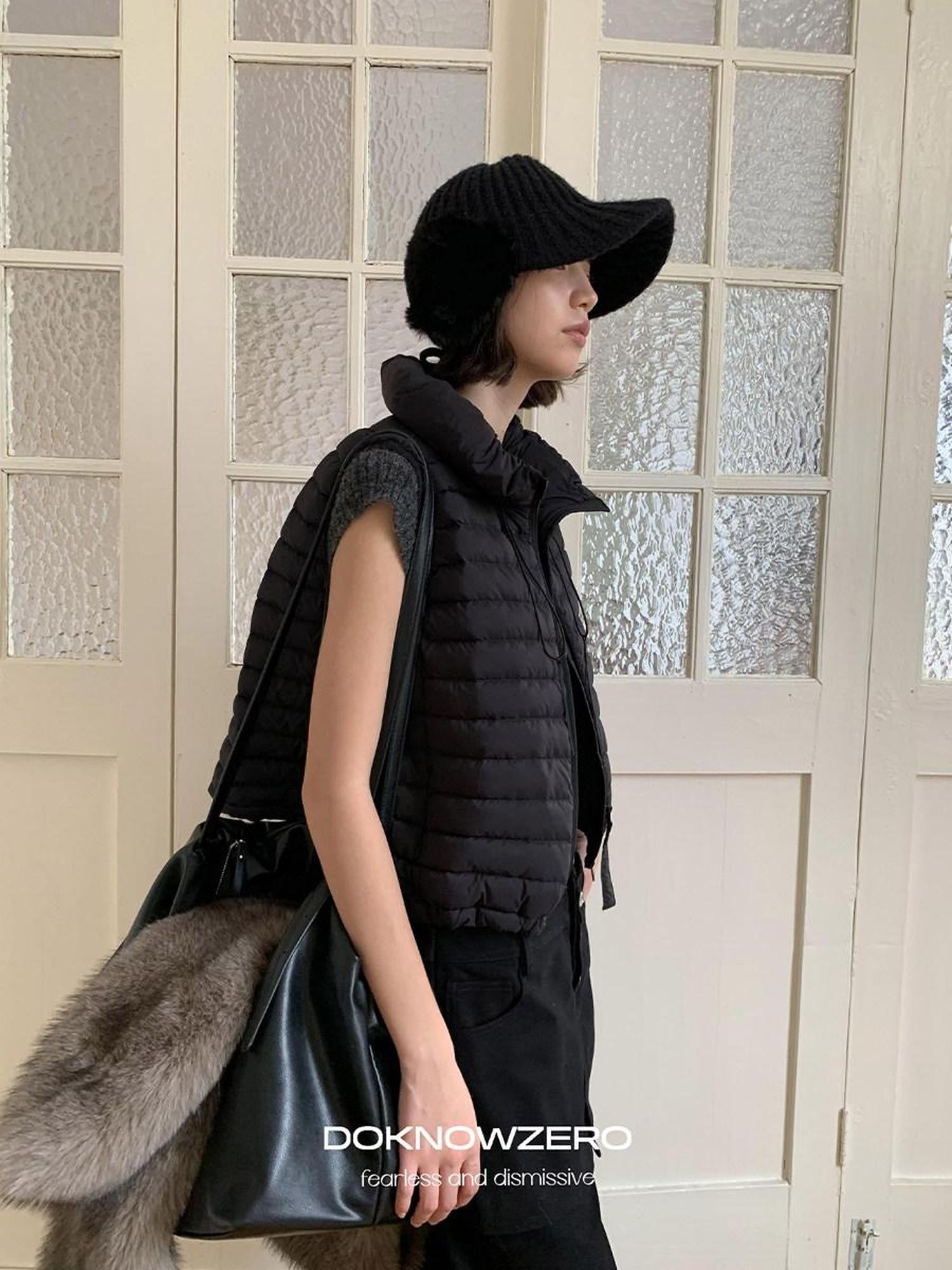 DKZ OFFICIAL Ribbed Quilted Loose Fit Stand Collar Zipper Women&