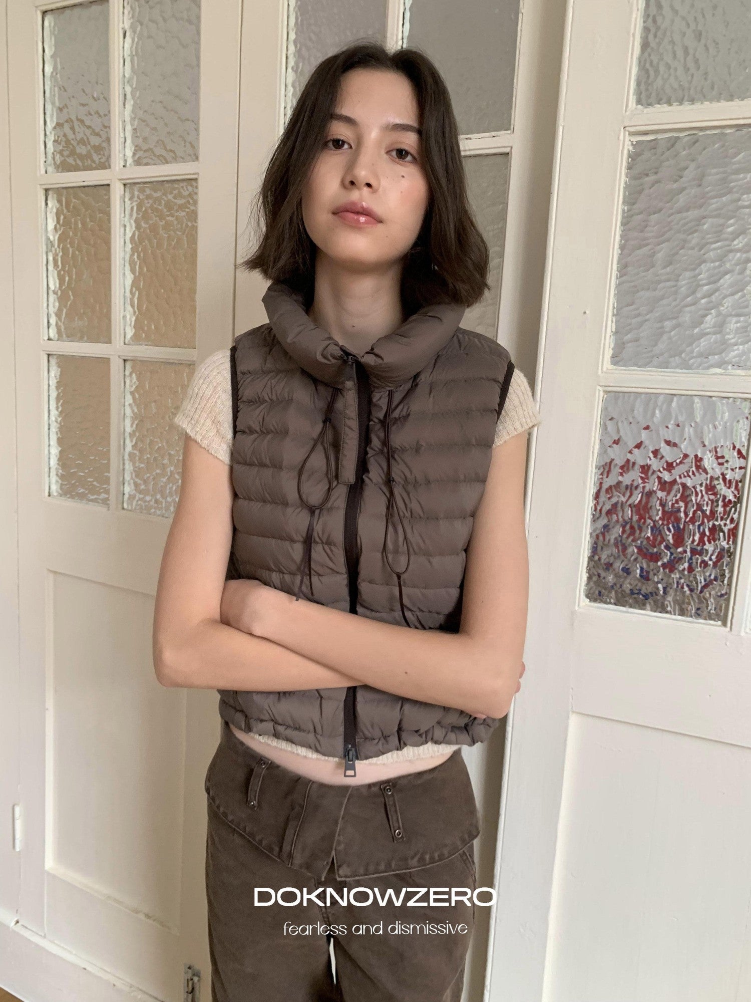 DKZ OFFICIAL Ribbed Quilted Loose Fit Stand Collar Zipper Women&
