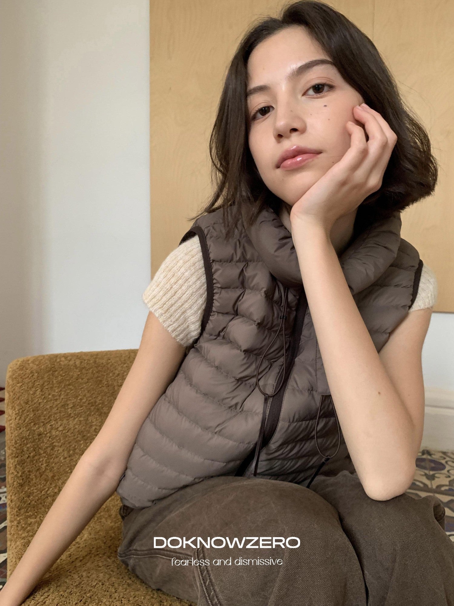 DKZ OFFICIAL Ribbed Quilted Loose Fit Stand Collar Zipper Women&