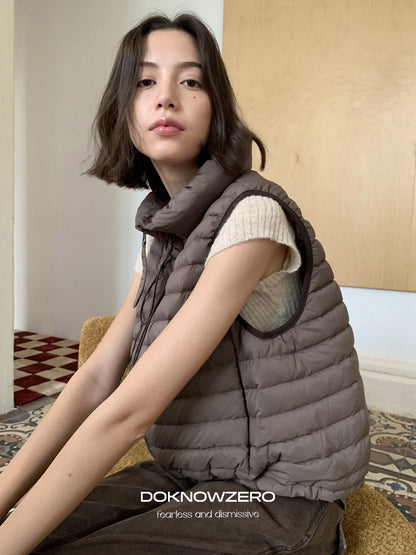 DKZ OFFICIAL Ribbed Quilted Loose Fit Stand Collar Zipper Women&