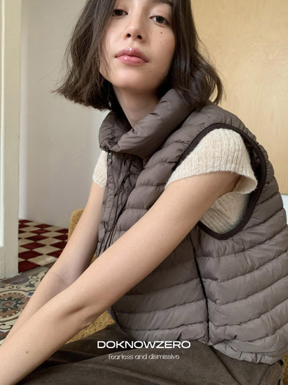 DKZ OFFICIAL Ribbed Quilted Loose Fit Stand Collar Zipper Women&