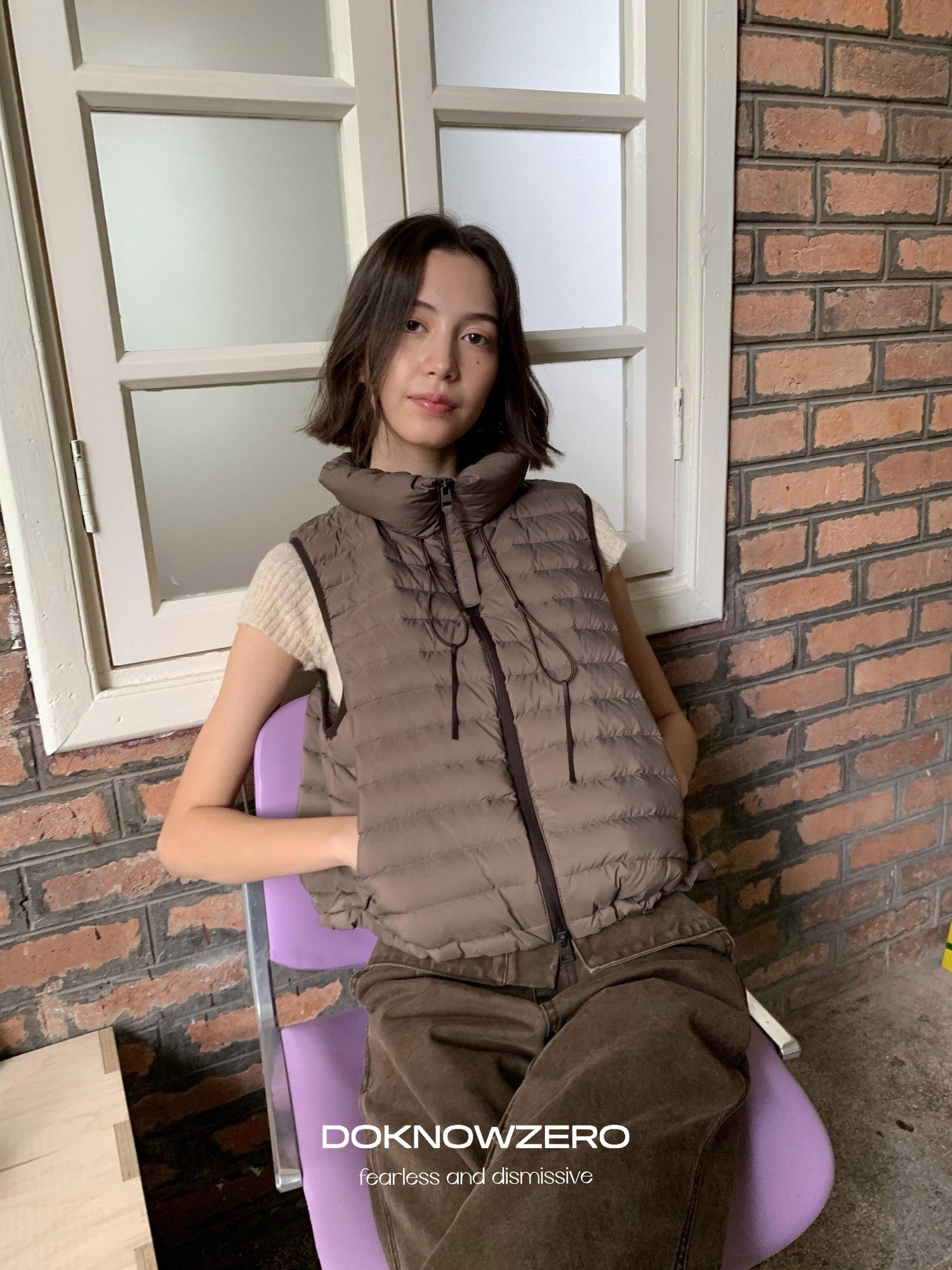 DKZ OFFICIAL Ribbed Quilted Loose Fit Stand Collar Zipper Women&
