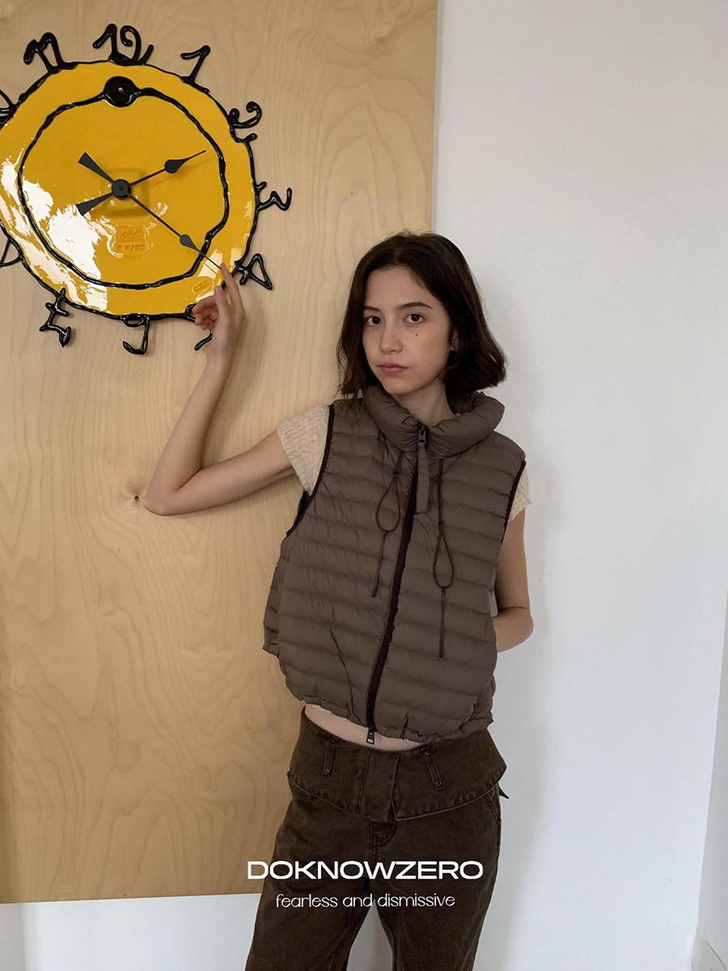 DKZ OFFICIAL Ribbed Quilted Loose Fit Stand Collar Zipper Women&