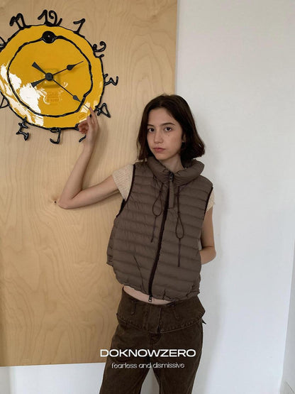 DKZ OFFICIAL Ribbed Quilted Loose Fit Stand Collar Zipper Women&