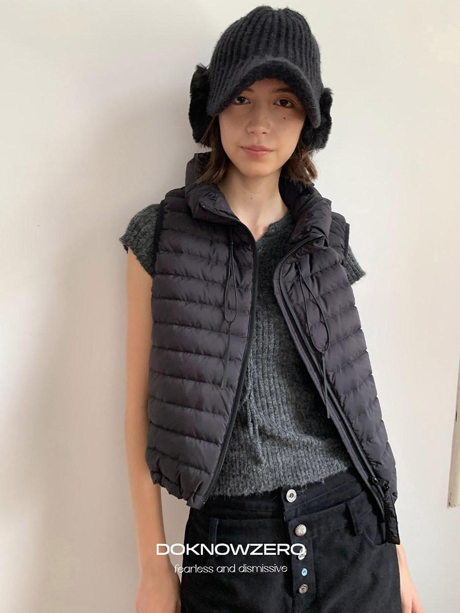 DKZ OFFICIAL Ribbed Quilted Loose Fit Stand Collar Zipper Women&