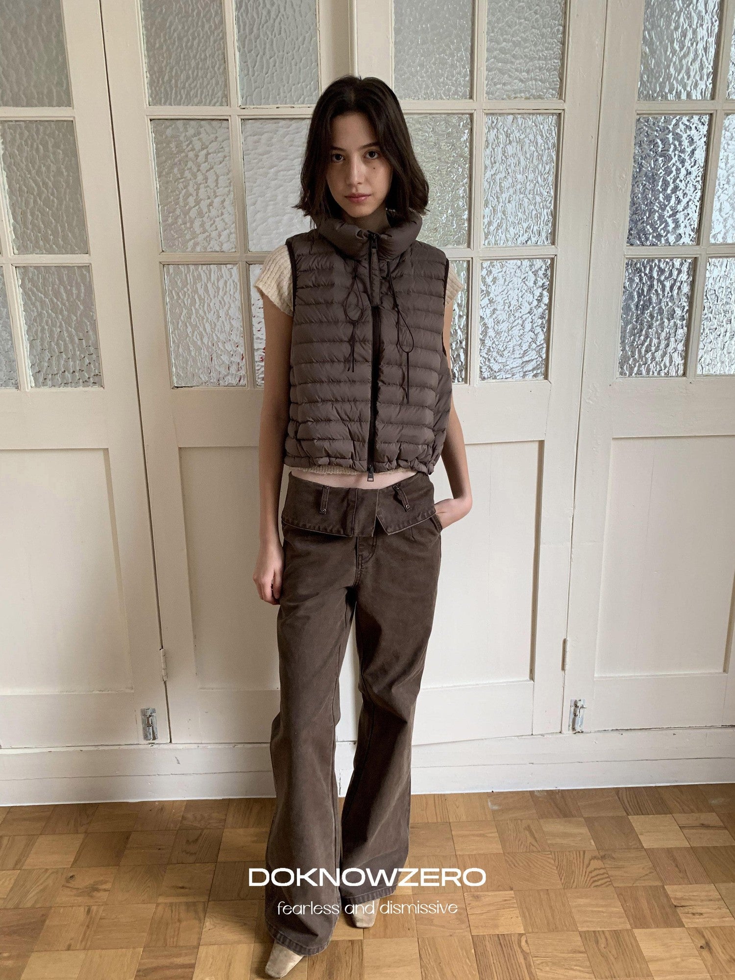 DKZ OFFICIAL Ribbed Quilted Loose Fit Stand Collar Zipper Women&