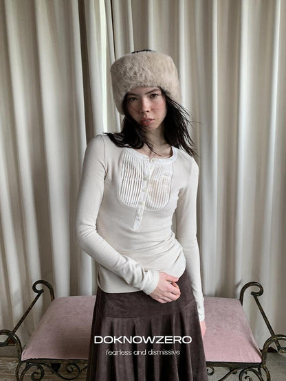 DKZ OFFICIAL Ruched Button Front Henry Neck Women&