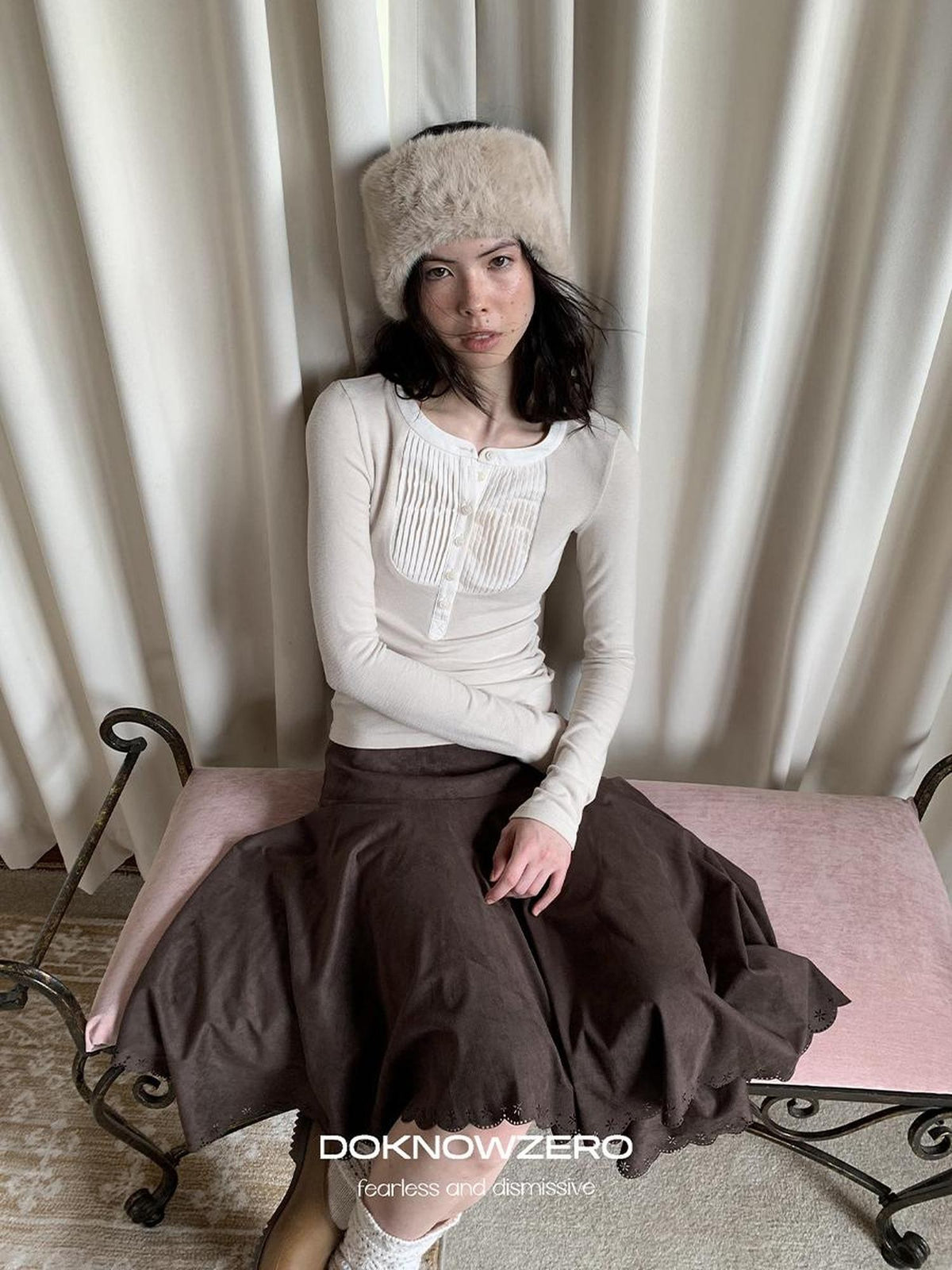 DKZ OFFICIAL Ruched Button Front Henry Neck Women&