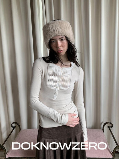 DKZ OFFICIAL Ruched Button Front Henry Neck Women&