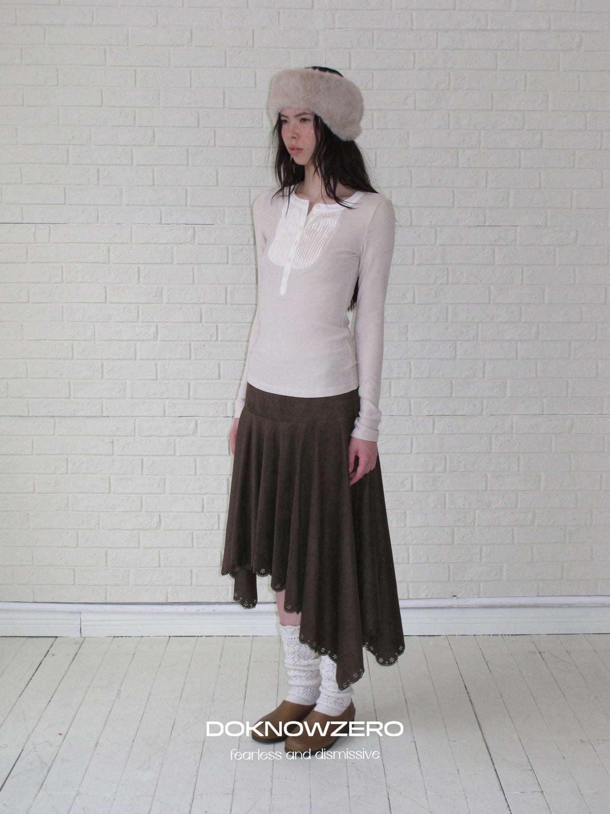 DKZ OFFICIAL Ruched Button Front Henry Neck Women&