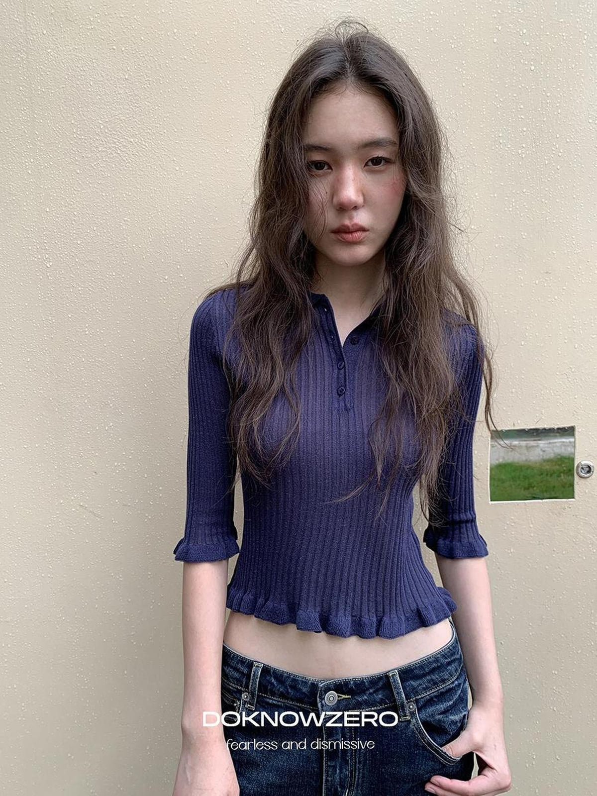 DKZ OFFICIAL Ruffle Trim Polo Collar Half Sleeve Knit Women&