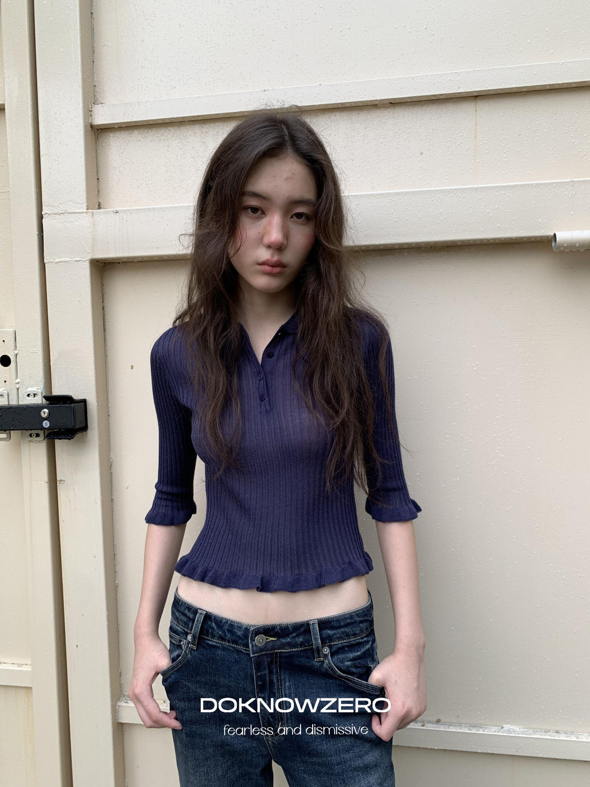 DKZ OFFICIAL Ruffle Trim Polo Collar Half Sleeve Knit Women&