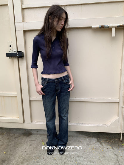 DKZ OFFICIAL Ruffle Trim Polo Collar Half Sleeve Knit Women&