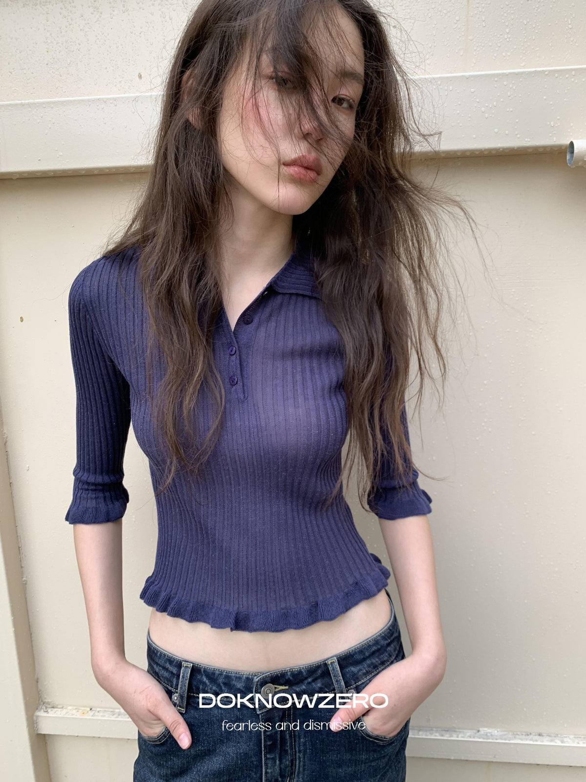 DKZ OFFICIAL Ruffle Trim Polo Collar Half Sleeve Knit Women&