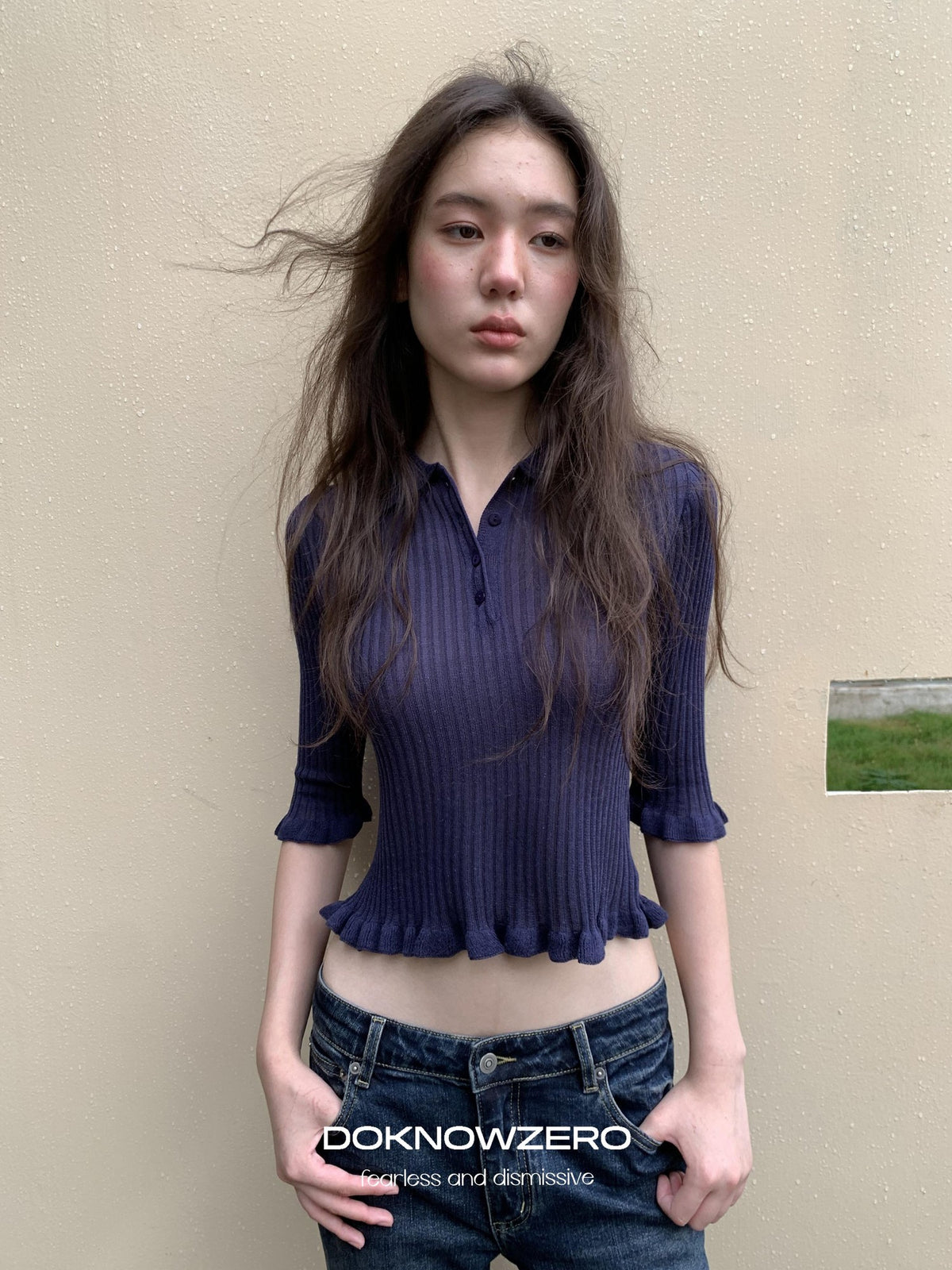 DKZ OFFICIAL Ruffle Trim Polo Collar Half Sleeve Knit Women&