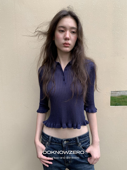 DKZ OFFICIAL Ruffle Trim Polo Collar Half Sleeve Knit Women&