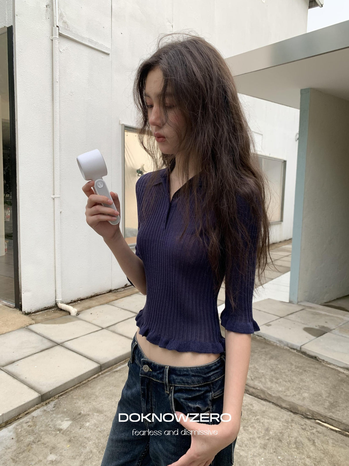 DKZ OFFICIAL Ruffle Trim Polo Collar Half Sleeve Knit Women&