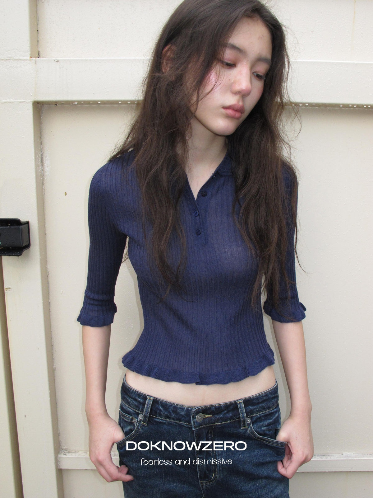 DKZ OFFICIAL Ruffle Trim Polo Collar Half Sleeve Knit Women&