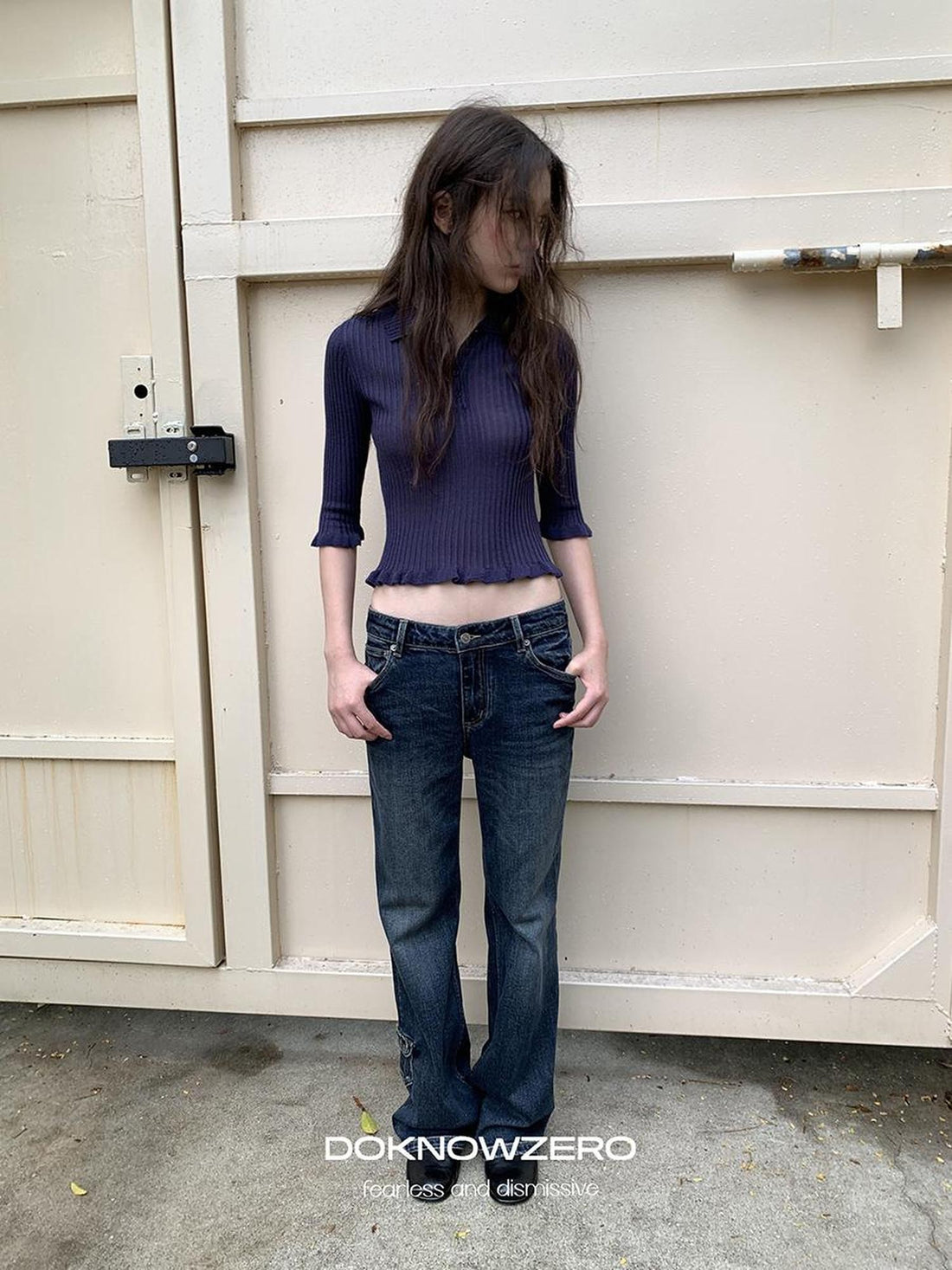 DKZ OFFICIAL Ruffle Trim Polo Collar Half Sleeve Knit Women&