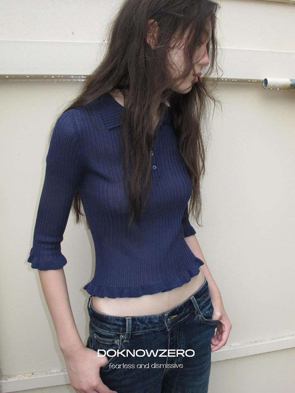 DKZ OFFICIAL Ruffle Trim Polo Collar Half Sleeve Knit Women&