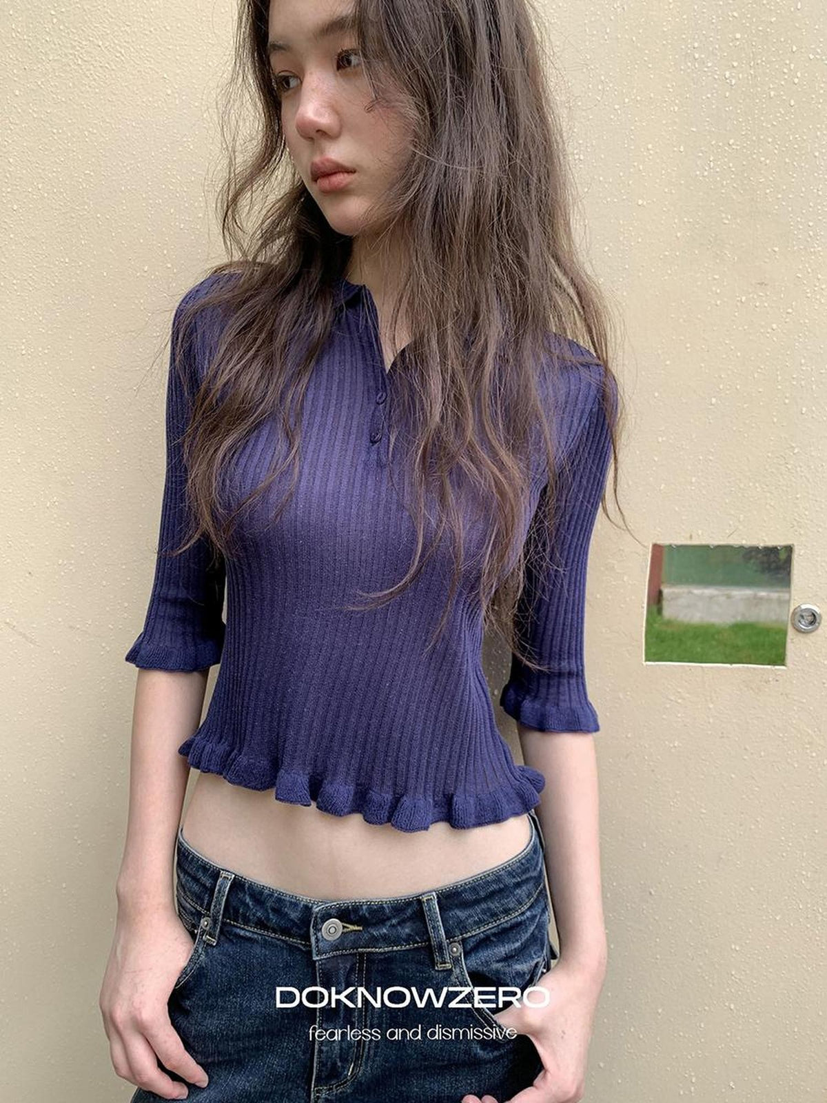 DKZ OFFICIAL Ruffle Trim Polo Collar Half Sleeve Knit Women&