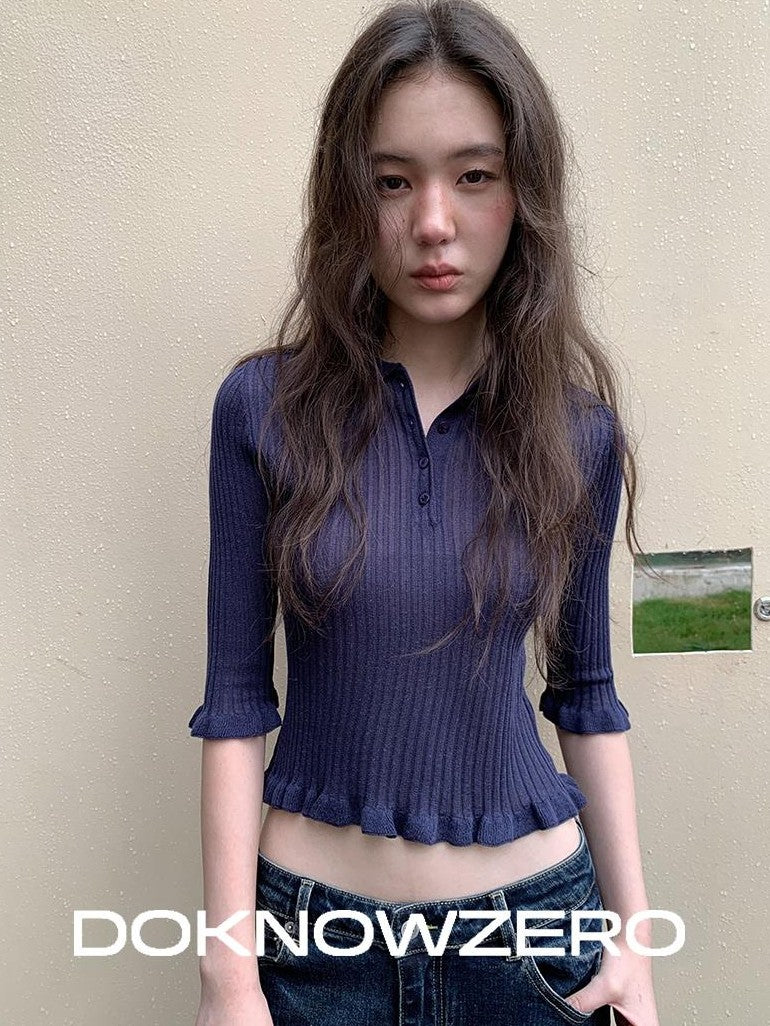 DKZ OFFICIAL Ruffle Trim Polo Collar Half Sleeve Knit Women&