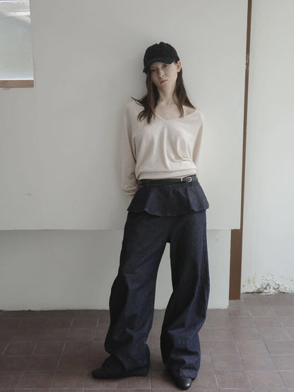 DKZ OFFICIAL Ruffle Waist Curved Hem Jeans