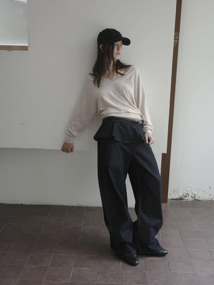 DKZ OFFICIAL Ruffle Waist Curved Hem Jeans