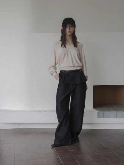 DKZ OFFICIAL Ruffle Waist Curved Hem Jeans