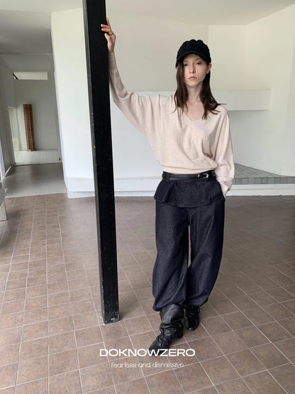 DKZ OFFICIAL Ruffle Waist Curved Hem Jeans